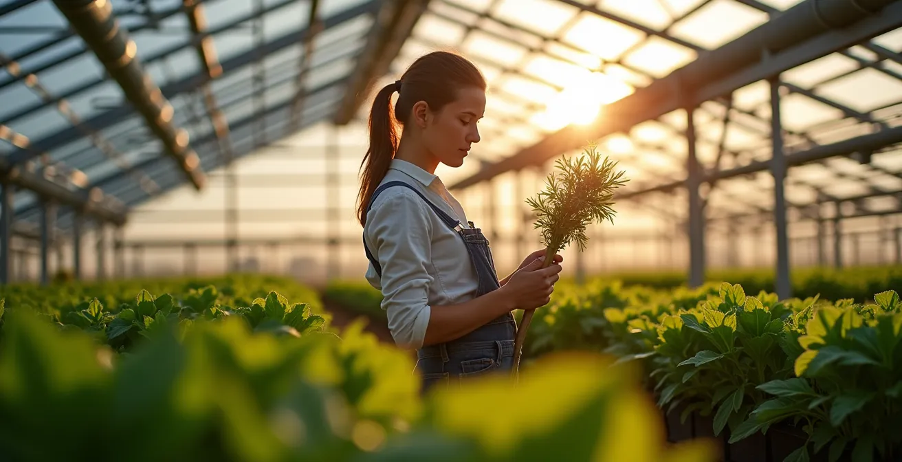 Agricultora joven trabajando con tecnología en invernadero sostenible español