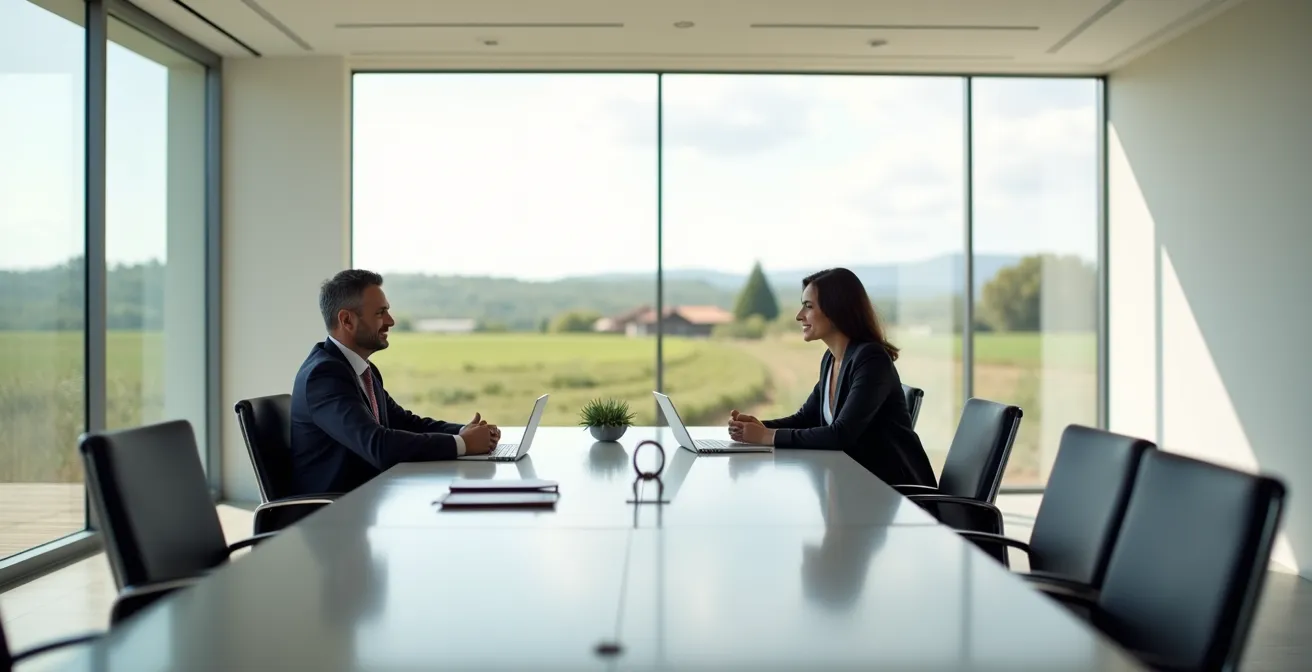 Reunión profesional entre un agricultor y su asesor bancario en una oficina moderna, discutiendo las condiciones de un préstamo agrícola.