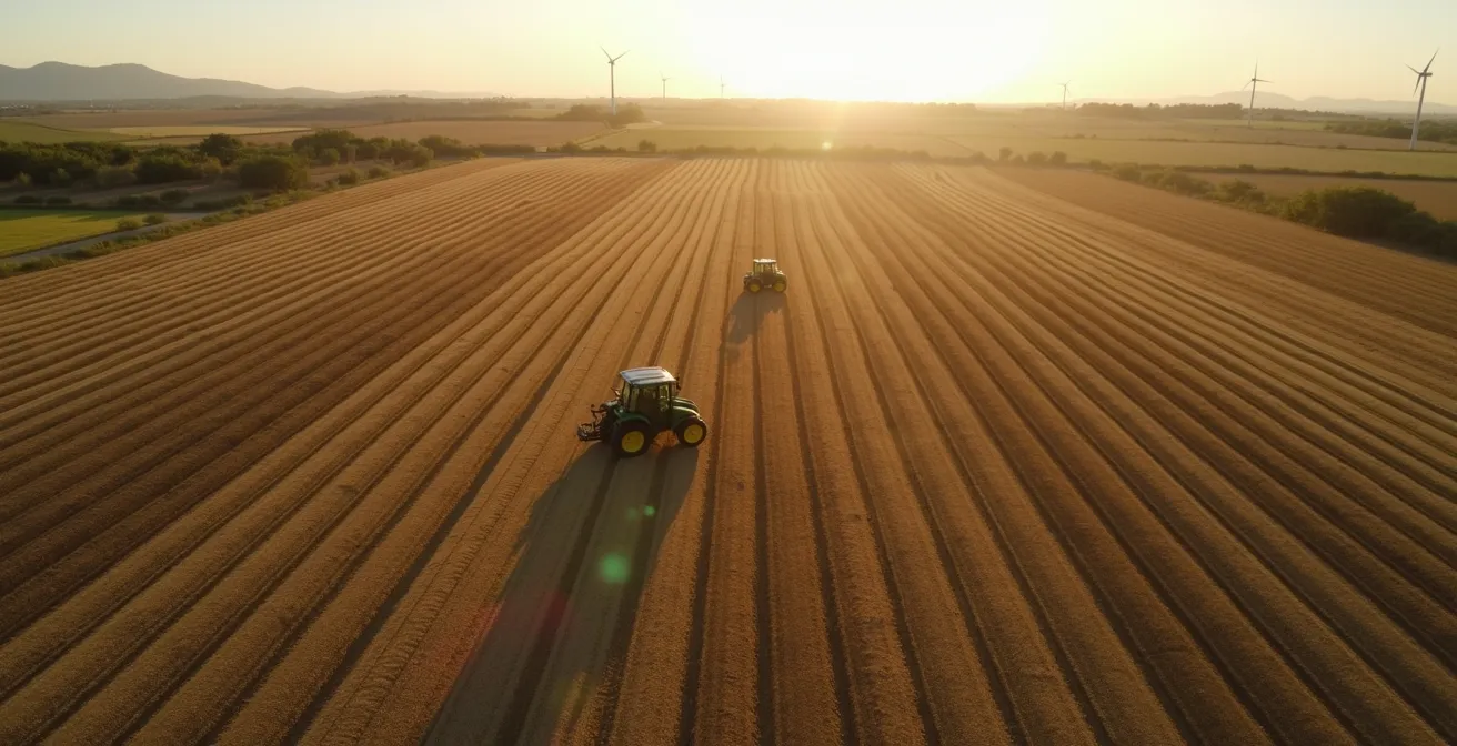 Vista aérea minimalista de tractores trabajando en formación eficiente en campos españoles