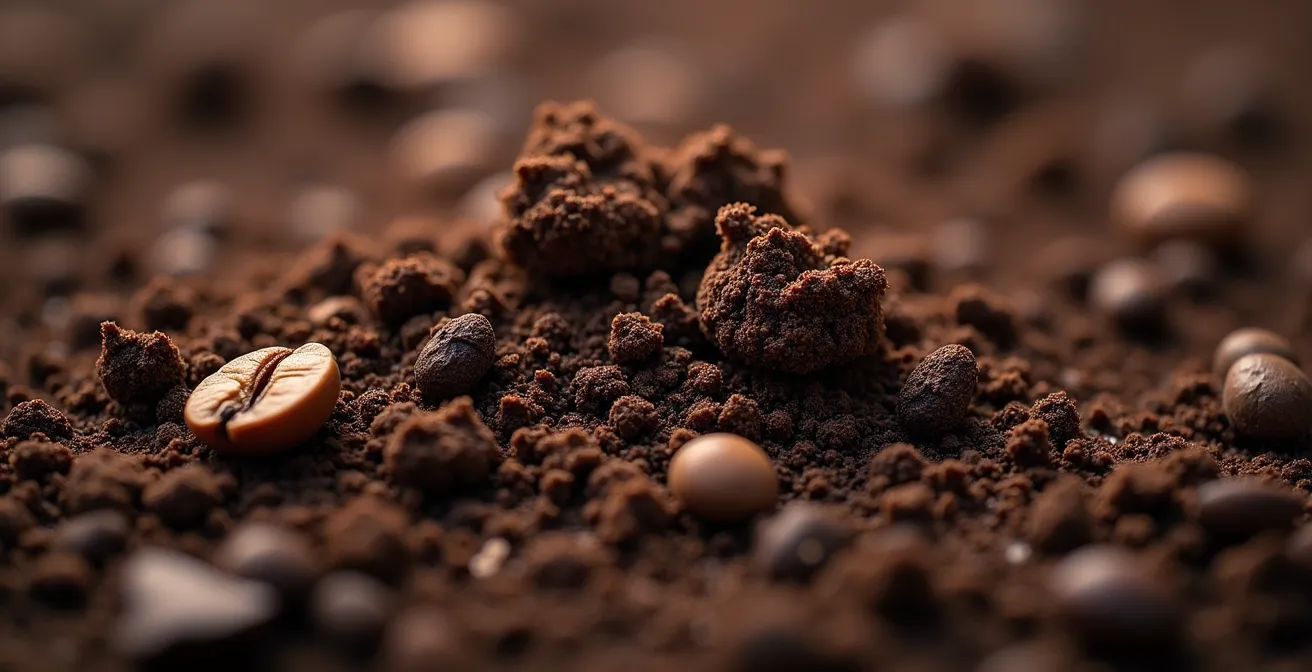 Vista macro de compost maduro mostrando su textura rica y oscura como tierra fértil
