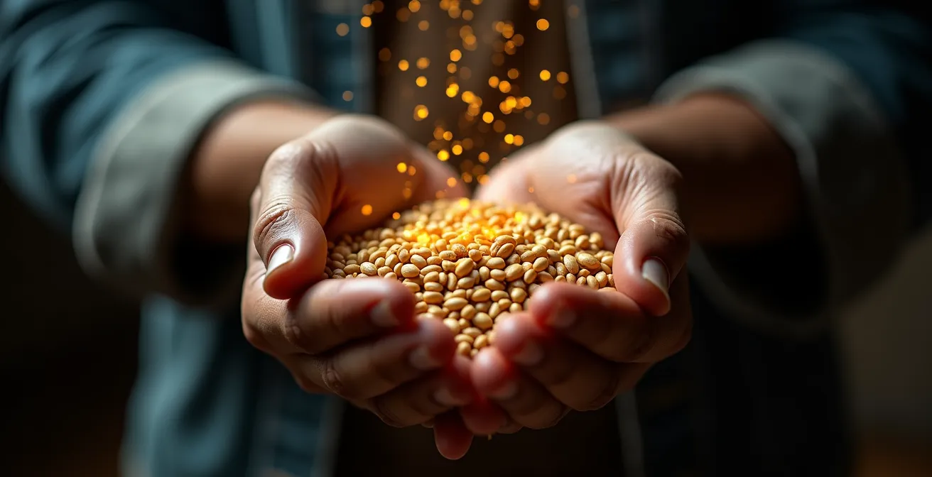 Manos de agricultor sosteniendo semillas mientras proyecciones holográficas sugieren protección de datos