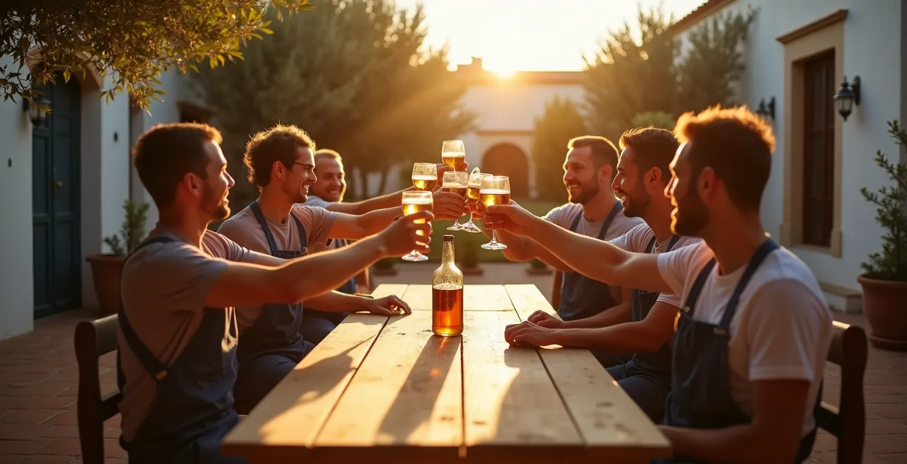 Celebración de fin de campaña con trabajadores agrícolas en cortijo andaluz