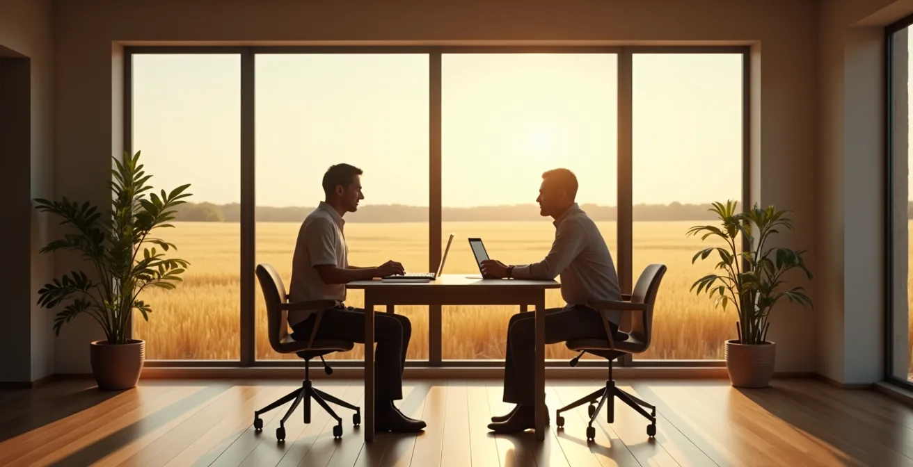 Agricultor reunido con asesor de seguros en oficina con vista al campo