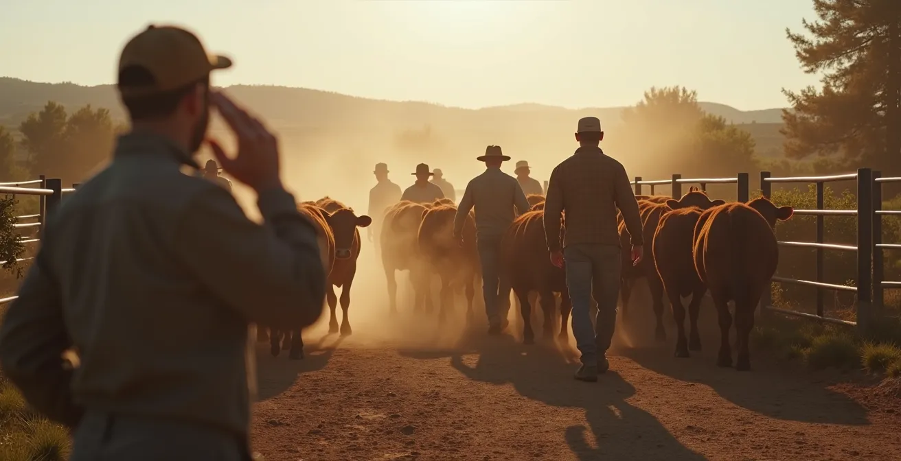 Equipo de granja ejecutando protocolo de evacuación con roles asignados y movimiento coordinado de animales