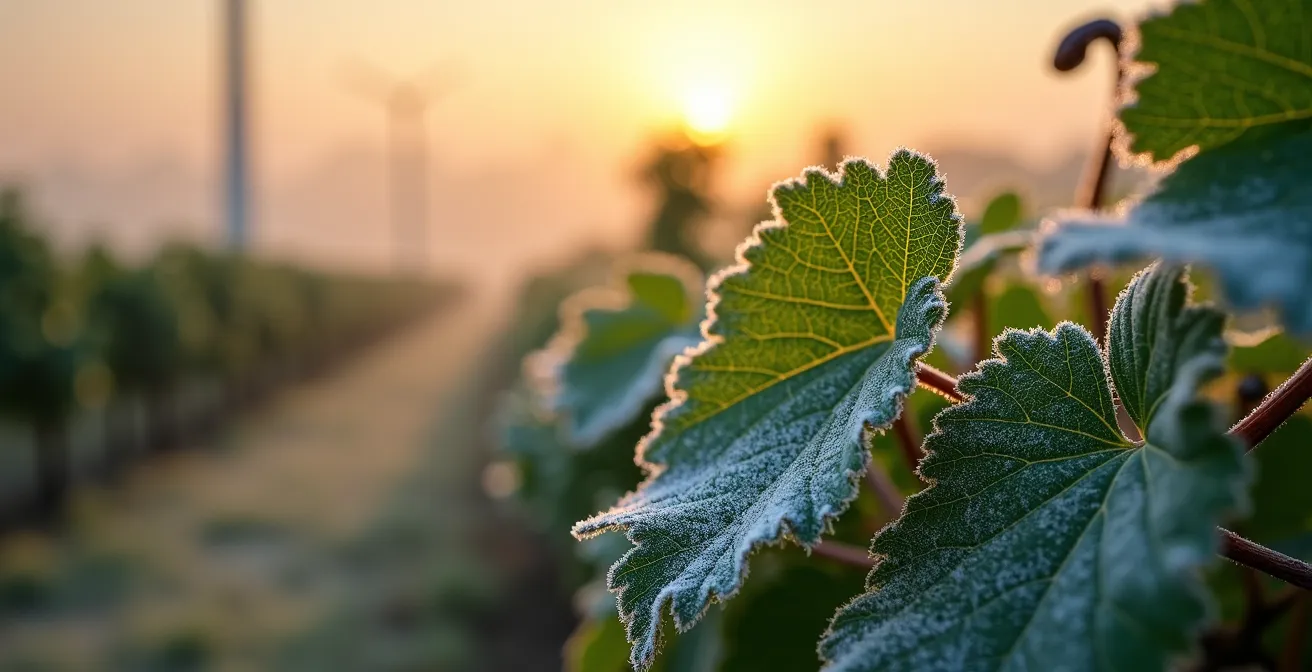 Torres de viento anti-helada funcionando en un viñedo español durante un amanecer helado