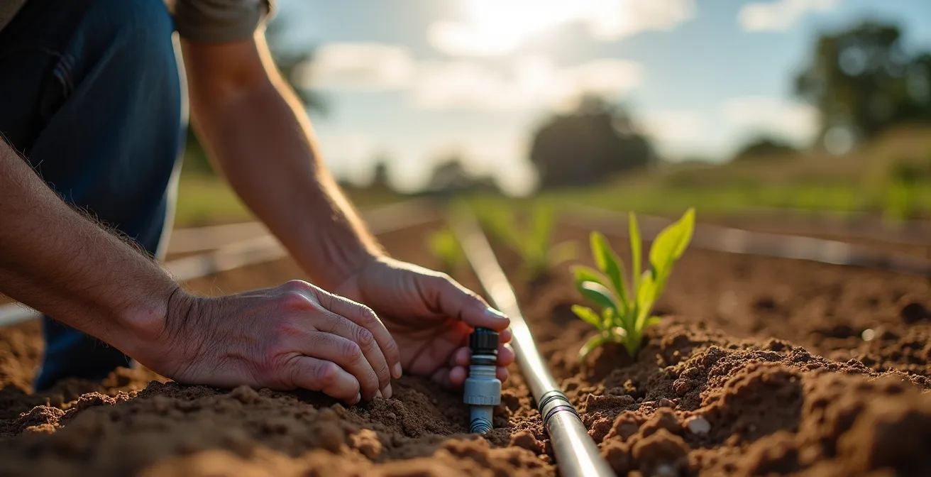 Vista aérea de un sistema de riego eficiente con balsa de almacenamiento en un paisaje semiárido español