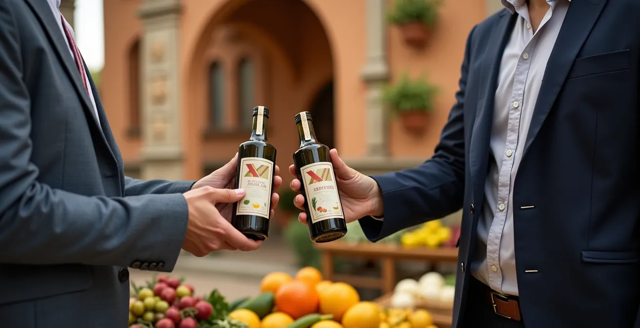Vista del pabellón español en feria internacional con empresarios intercambiando productos