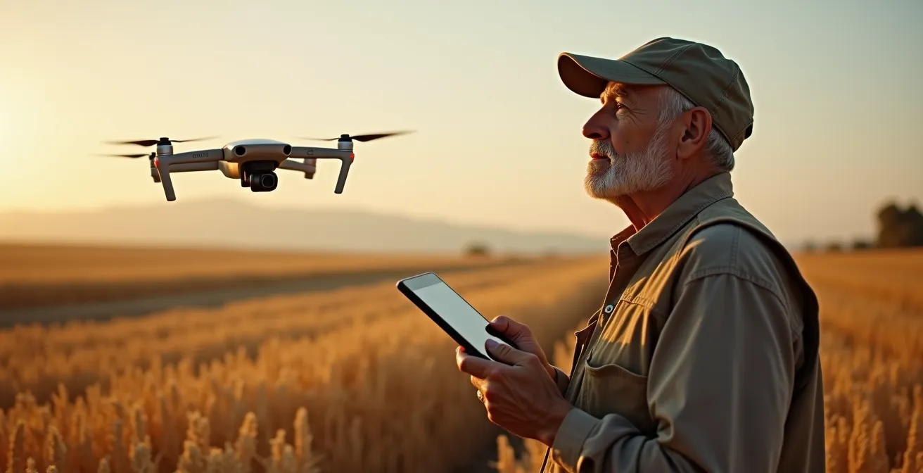 Agricultor usando tecnología de drones para documentar daños en cultivos