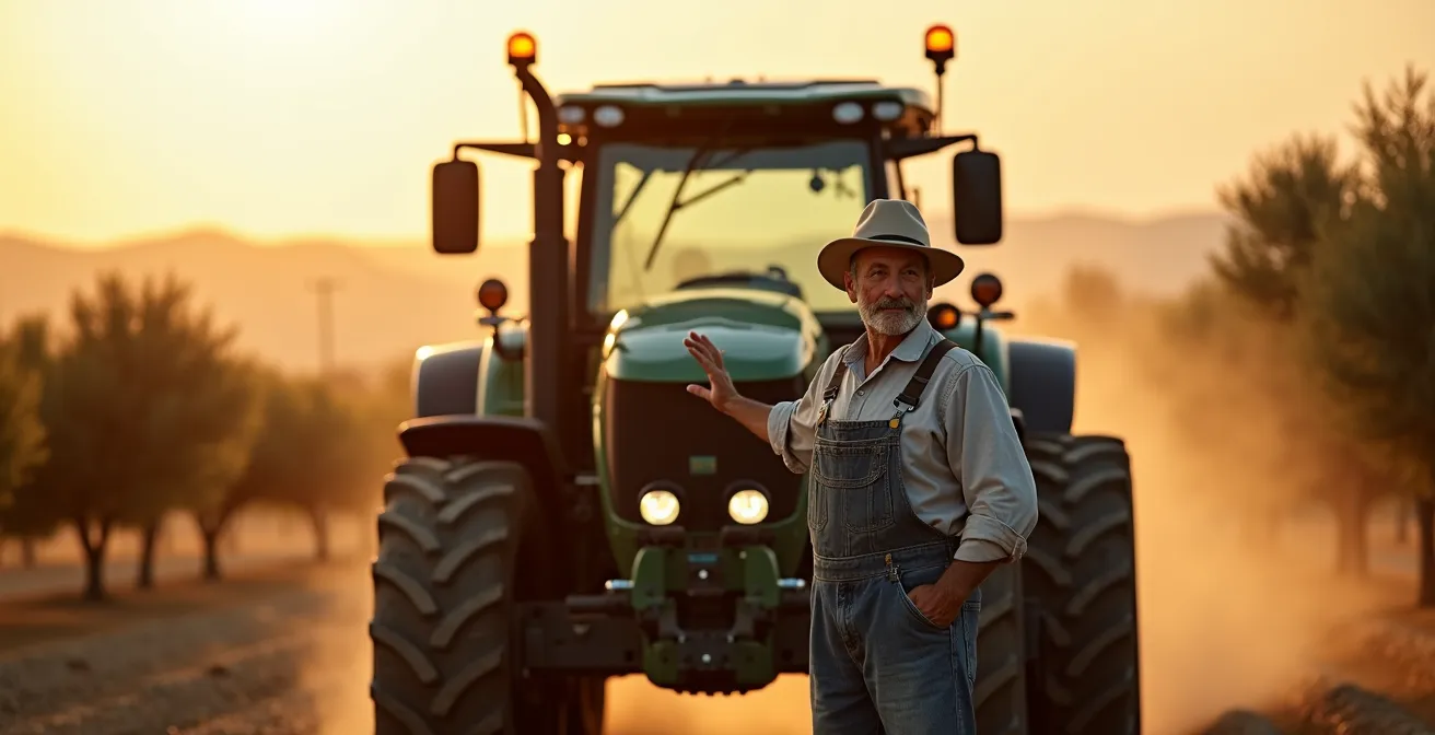 Tractor moderno con sistema GPS trabajando en campos españoles durante el atardecer dorado