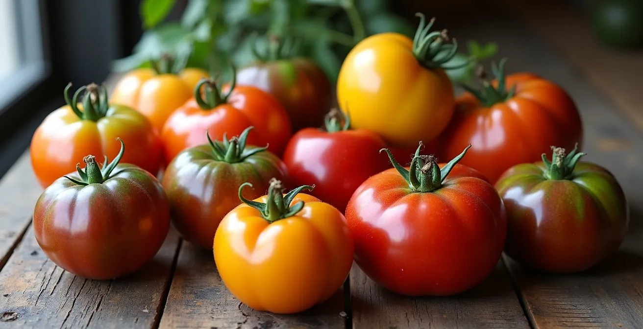 Colección de tomates tradicionales españoles mostrando diversidad de formas y colores sobre mesa de madera rústica